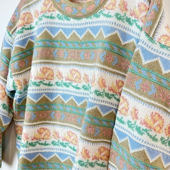 Vintage 80s Pastel Pattern Knit Sweater Fairy Kei Kawaii Oversized L XL - Picture 3 of 10